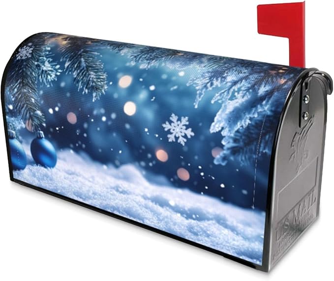 Festive Magnetic Mailbox Cover Winter Christmas Blue Ball Pattern Outdoor Mailbox Protector Holiday Seasonal Decorative Garden Yard Home Standard Size 21 x 18 Inch