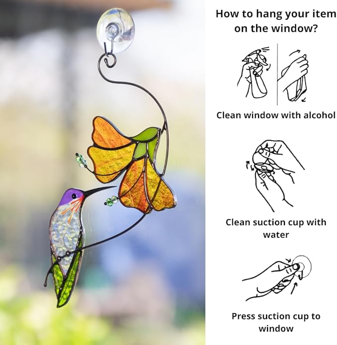 Multicolor Hummingbird Handmade Stained Glass Suncatcher Genuine Stained Glass Window Hangings Unique Indoor Ornament & Outdoor Decor (Hummingbird with Hibiscus)