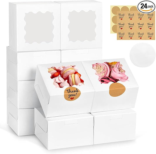 24 Pcs Cookie Boxes with Window, 4x4x2.5 Inches White Bakery Boxes with Stickers & Parchment Paper for Cookies Treats Desserts Donuts Pastry Macaroon, Gift Giving Party Wedding Favor