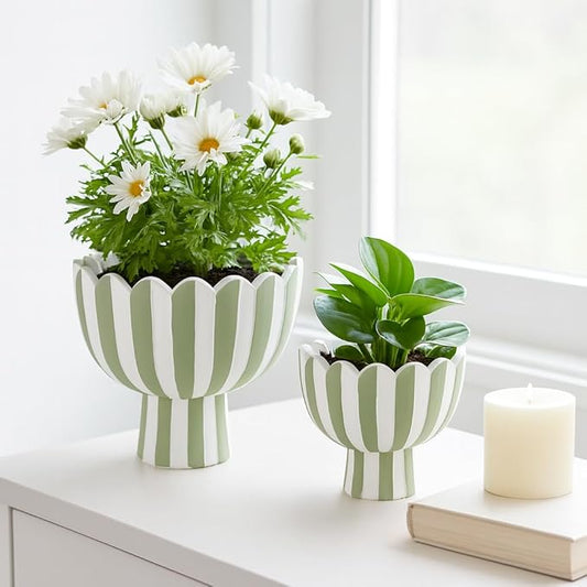 Striped Flower Pots and Planters for Home Decor – Modern Indoor or Outdoor Pots for Plants Perfect for Orchids, Herbs, or Ferns – Chic Pot for Indoor Plant Stand; Set of 2 – 8", 6" Green & White