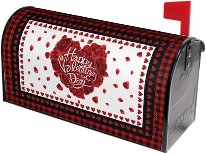 Valentines Day Love Heart Mailbox Cover - Magnetic, Black Red, Standard Size 18" X 21" for Outside Garden Decorations