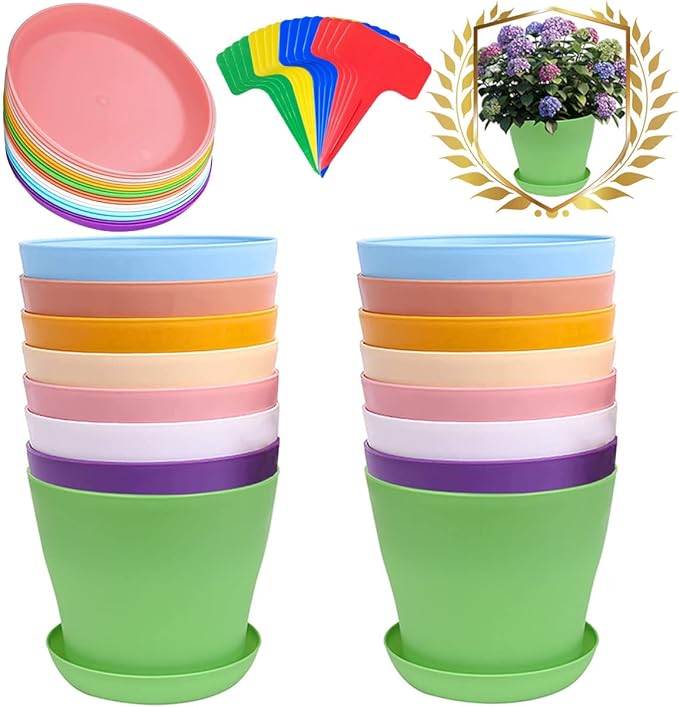 16Pack 5.5" Colorful Plastic Planters - 14CM Small Plastic Flower Pots with Drainage Holes and Tray for Home Garden Flowers Plants