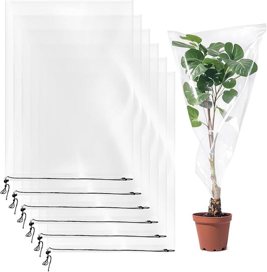 6 Pcs Winter Plant Film Cover with Drawstring-19.7" x 27.5" Clear Plastic Plant Cover Bags Transparent Waterproof Plant Shelter Bag Greenhouse Cover Bag for Outdoor Garden Plants Shrubs Sapling Crops