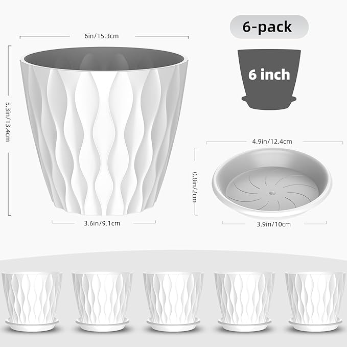 6 Pack 6 Inch Indoor Plant Pots with Drainage Holes, Outdoor Plastic Decorative Flower Pots, Garden Planters with Tray Saucers for Orchids, Violets, Succulents, Herbs, and Other Plants