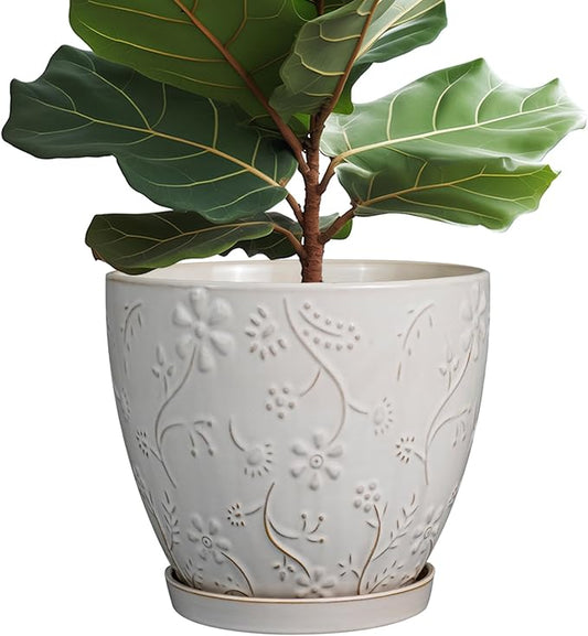 10 Inch Plant Pot Ceramic Planter Pot with Drainage Hole and Saucer Round Planter Large Flower Pot for Indoor Outdoor Plants Home Garden Decor White