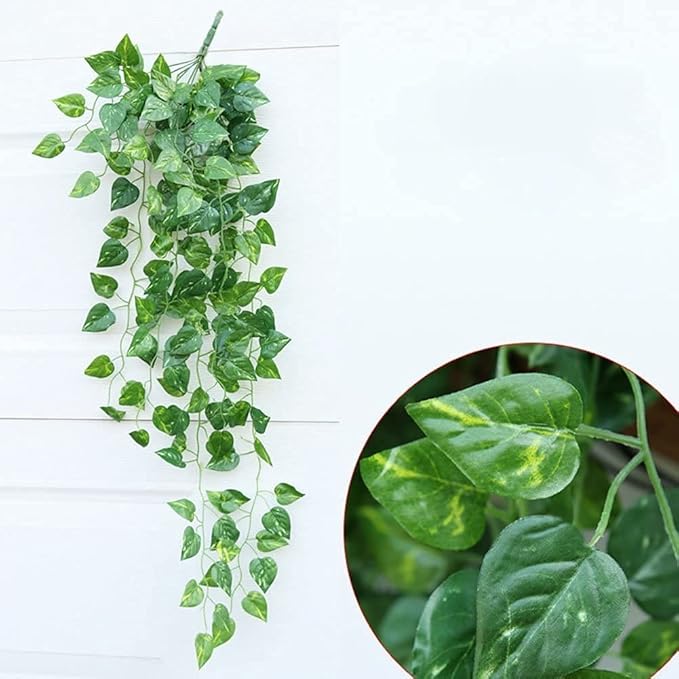 Unilove 84 feet 12 Pack Fake Vines Artificial Ivy Leaves Plants Hanging Greenery Plant Garland for Bedroom Office Wall Decor Indoor Outdoors (84Ft Artificial Scindapsus Leaves)