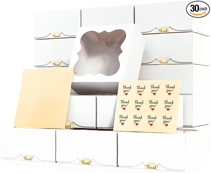 30 Pack 6x6x3 Bakery Boxes with Window – Small Cookie Boxes for Gift Giving – Treat Boxes for Small Cake, Pastry, Strawberries, Dessert, Candy, Charcuterie, Baked Goods and Food (White)