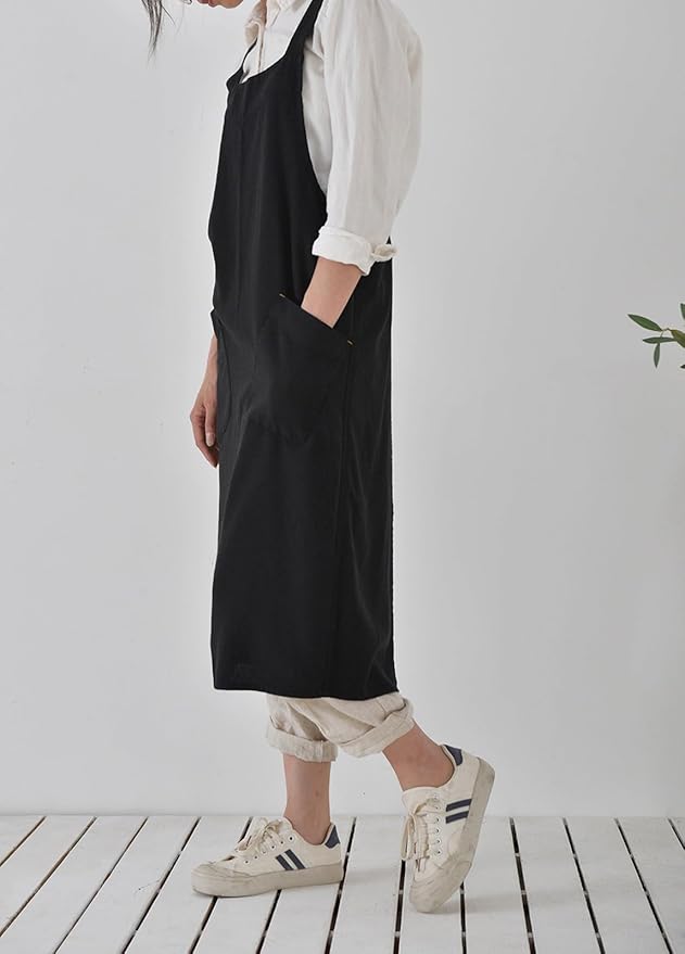 Cotton Linen Apron Cross Back Japanese Smock for Women Cooking With Pockets Pinafore Dress Kitchen Baking Gardening
