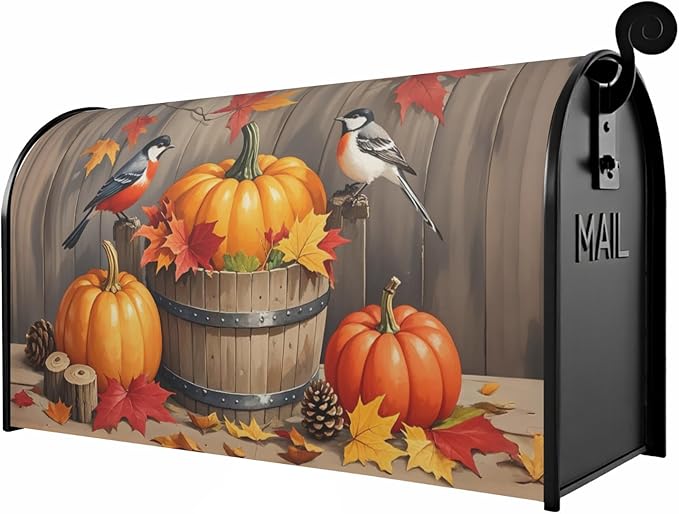 Fall Thanksgiving Day Large Mailbox Covers Magnetic Oversized Autumn Pumpkin Birds Maple Leaf Harvest Themed Seasonal Outdoor Decorative Letter Box Cases for Home Garden Outside Decor, 25.5 x 21 Inch