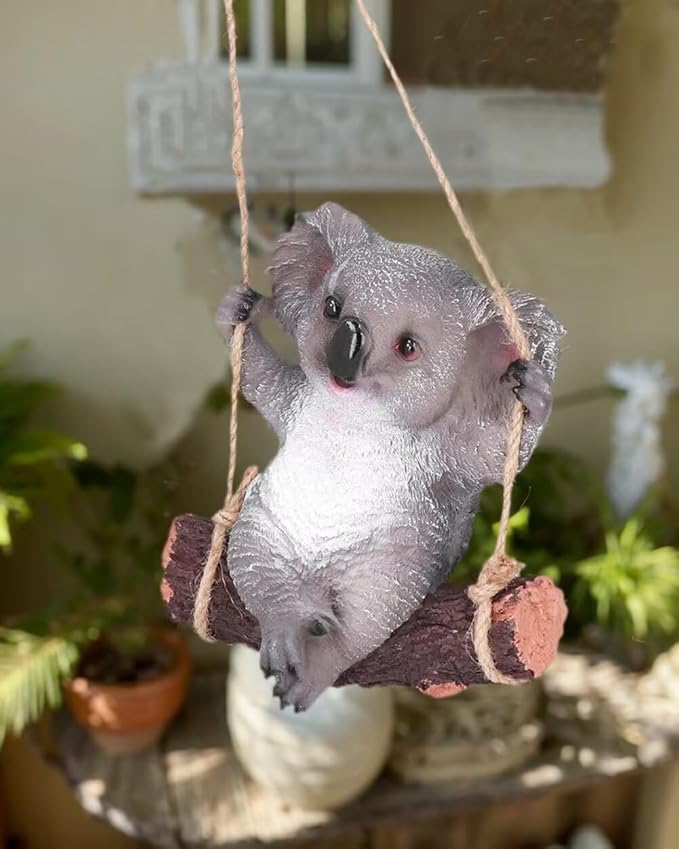 Swinging Koala Figurines Resin Garden Statues for Patio Balcony Backyard Lawn Ornaments Grey A