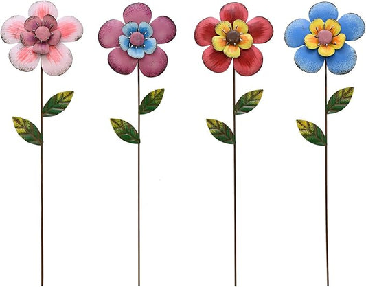 Veclotch 4Pcs Metal Flower Garden Stakes, 16"" H Rustic Flowers Yard Stake Decorative Spring Outdoor Garden Decor Planter Flower Pot Metal Flower Stick for Patio,Lawn,Yard,Pathway (Flower)
