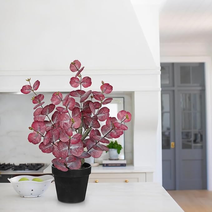Artificial Plants Indoor with Pot, 18" Tall Faux Plants Indoor Silk Plant, Fake Potted Plant Small Eucalyptus Tree for Living Room Bathroom Kitchen Farmhouse Office Desk Table Shelf Decor, Red