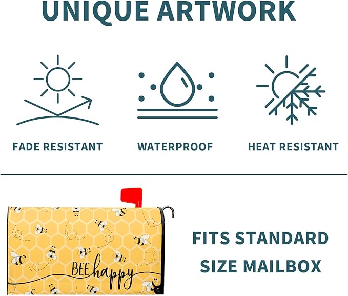Spring Bee Happy Mailbox Cover Magnetic 25.5x21 Inch Summer Yellow Honeycomb Decorative Waterproof Mailbox Wrap Farmhouse Letter Post Cover Large Size for Garden Yard Outside