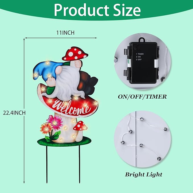 WONDER GARDEN Decorative Garden Stakes - Lighted Mushroom and Gnome Yard Sign Stakes with Flower, Spring Signs for Outdoor, Porch, Yard,Flower Bed Decor (Battery Operated)