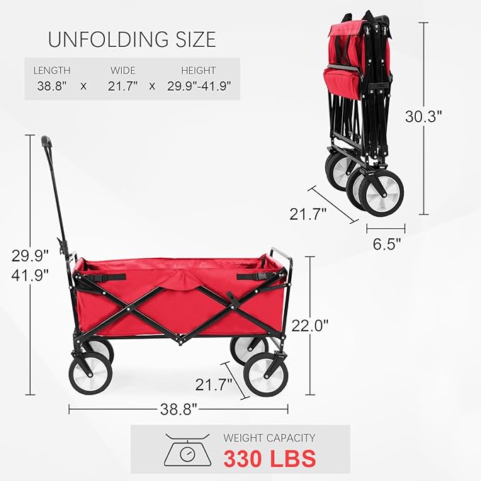 PayLessHere | Collapsible Wagon Cart with Wheels | Red | Heavy Duty Foldable Utility Cart with 330 lb Capacity | with All-Terrain Wheels & Adjustable Handle for Outdoor, Garden, Beach, Shopping
