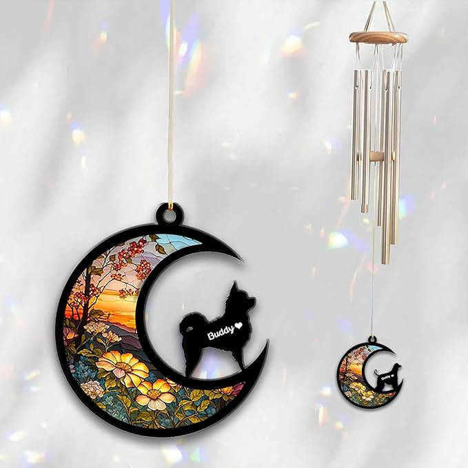 Chihuahua Long Haired Sun Catcher Wind Chime, Custom Sunflower Suncatcher Dog Memorial Wind Chime, Dog Loss Gift, Dog Sympathy Gift, Pet Loss Suncatcher, Outdoor Garden Decor