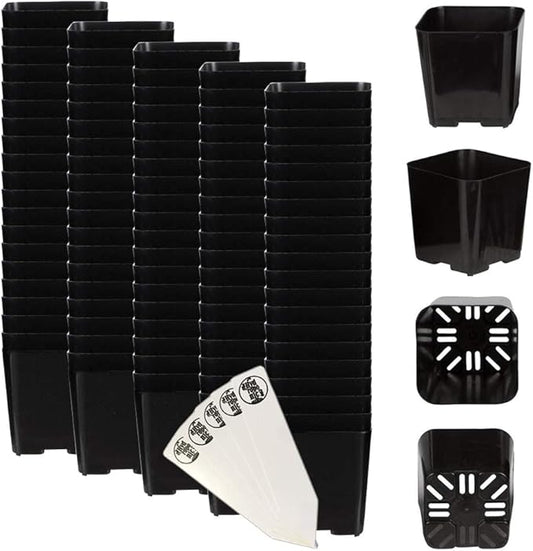 The Hydroponic City 2-Inch Square Nursery Pots, Pack of 100 with 5 Plant Stakes | Durable Black Plastic Seedling Pots with Drainage Holes | Ideal for Succulents, Cacti, Herbs, Starters | Made in USA