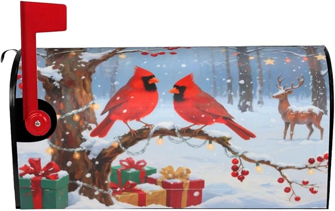Christmas Cardinal Mailbox Cover, Xmas Winter Snow Scene Waterproof 21" Lx 18" W Magnet Mailboxes Cover, Standard Size Wraps Post Letter Box Case for Garden Yard Outdoor Decor