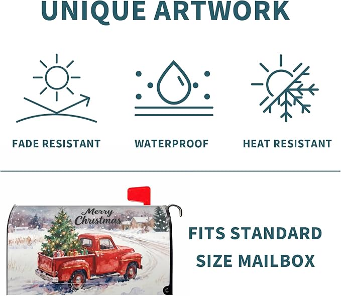 Merry Christmas Mailbox Covers Magnetic Standard Size Red Truck Xmas Tree Rustic Snow Scene Holiday Outdoor Decorative Farmhouse Letter Box Cases for Home Garden Outside Decor, 21x18 Inch