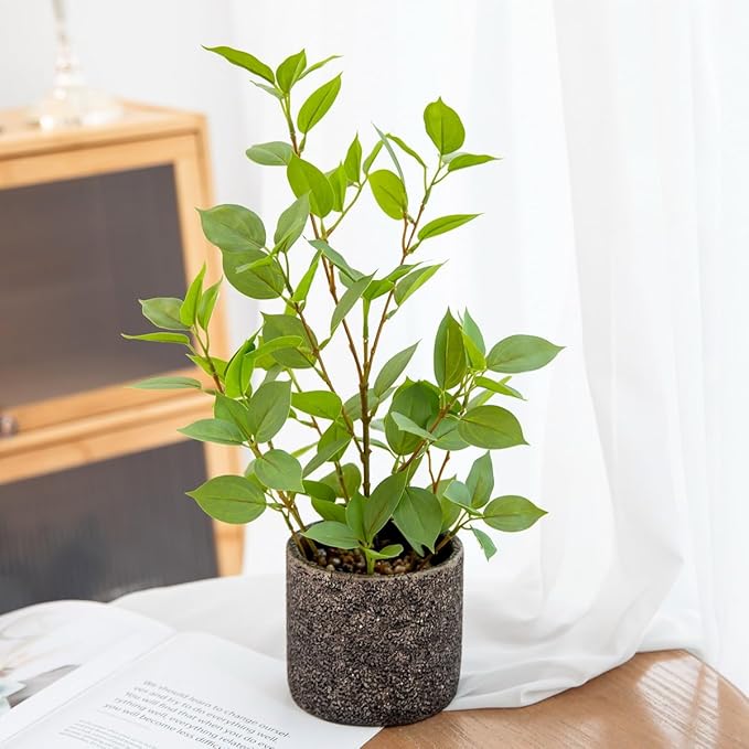 18'' Fake Plant Ficus Greenery with Silk Leaves Artifical Potted Small Banyan Tree in Special Pattern Cement Planters for Home Decor Office Living Room Bedroom Indoor Outdoor