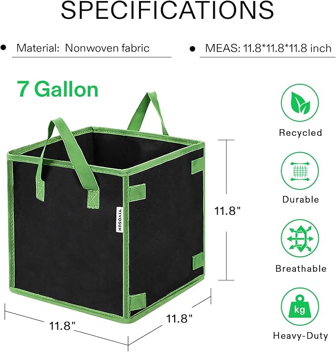 VIVOSUN 5 Pack 7 Gallon Square Grow Bags, Thick Nonwoven Cubic Fabric Pots with Handles for Indoor and Outdoor Gardening