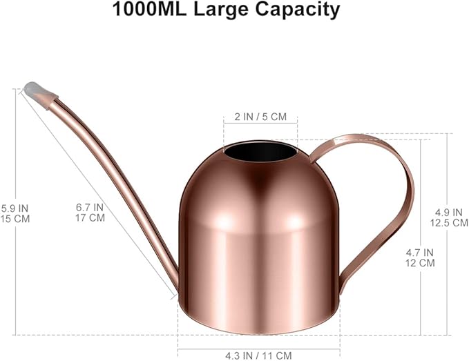 Yardwe 1000ml Stainless Steel Watering can for Indoor Plants, Long Spout Watering Pot for Garden Home Office, Rose Gold