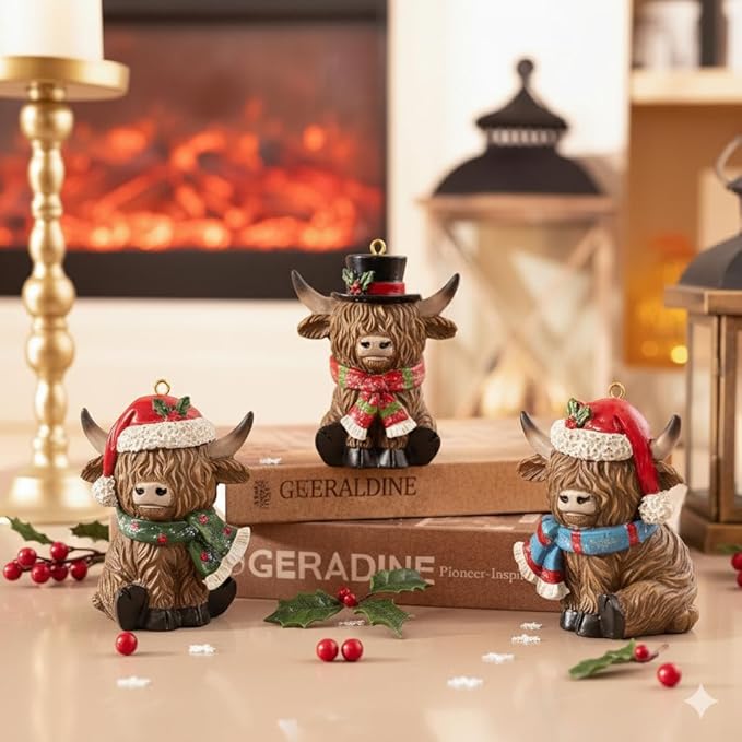 Christmas Highland Cow Figurines Decor, 3 PCS Small Christmas Cows with Scarf, Hanging Ornaments Xmas Resin Statue for Garden Bathroom Kitchen Home Table Decorations