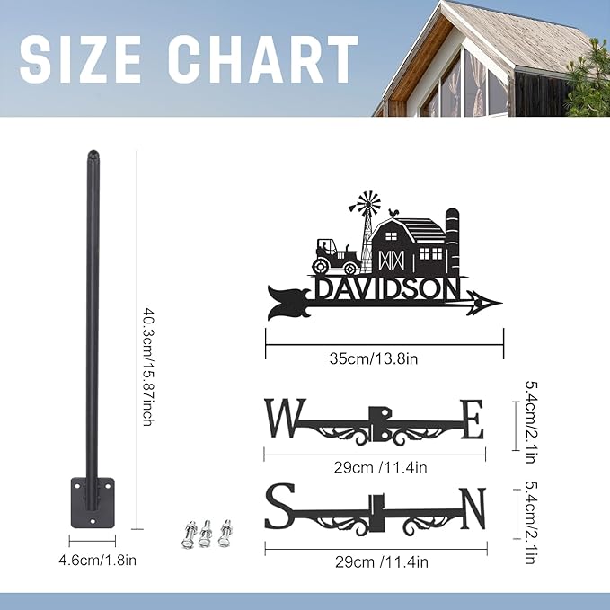 Personalized Farmhouse Metal Weather Vane, Custom Name Weathervane, Wind Direction Indicator, Weather Vanes Roof Mount, Wind Vane Outdoor Decor for Farm Shed Garden Yard Patio, Customized Gifts