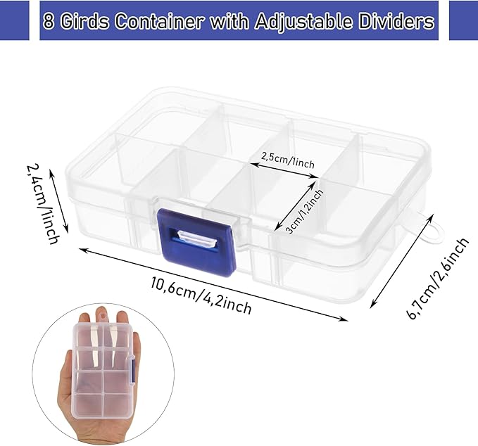 12 Pack 8 Grids Small Plastic Divider Organizer Box, Clear Bead Storage Container with Removable Dividers, Grid Compartment for Small Parts, Screw and Craft, 4.1"x 2.6"x 0.9"