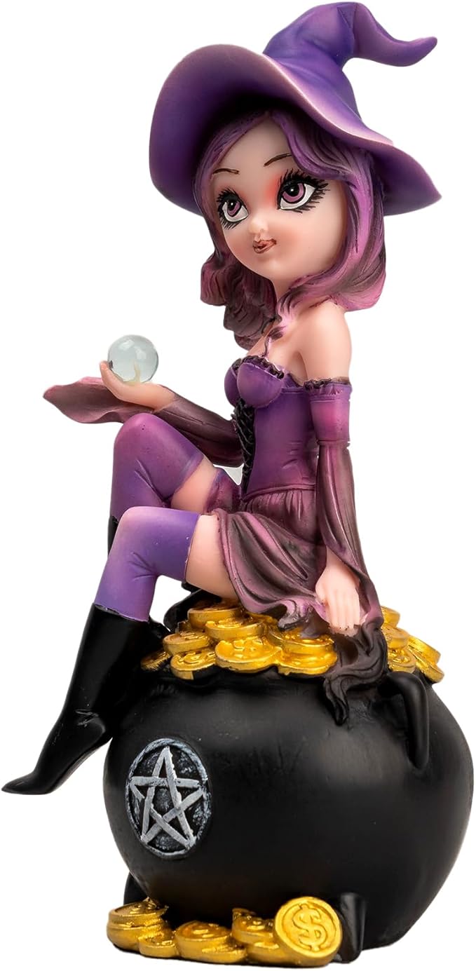 Fairy Figurine Purple Witch Sitting in a Money Can - Holding a Magic Crystal Ball Home Decor Halloween/Christmas Decoration Magician Themed Collectibles Mysterious Divination Gifts