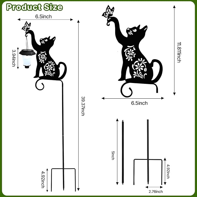 Cat Solar Lights Outdoor Garden Decoration, Cat Garden Statues, Outdoor Metal Decorative Stakes with Solar Lantern for Lawn Yard Pathway Patio Gardening Gifts