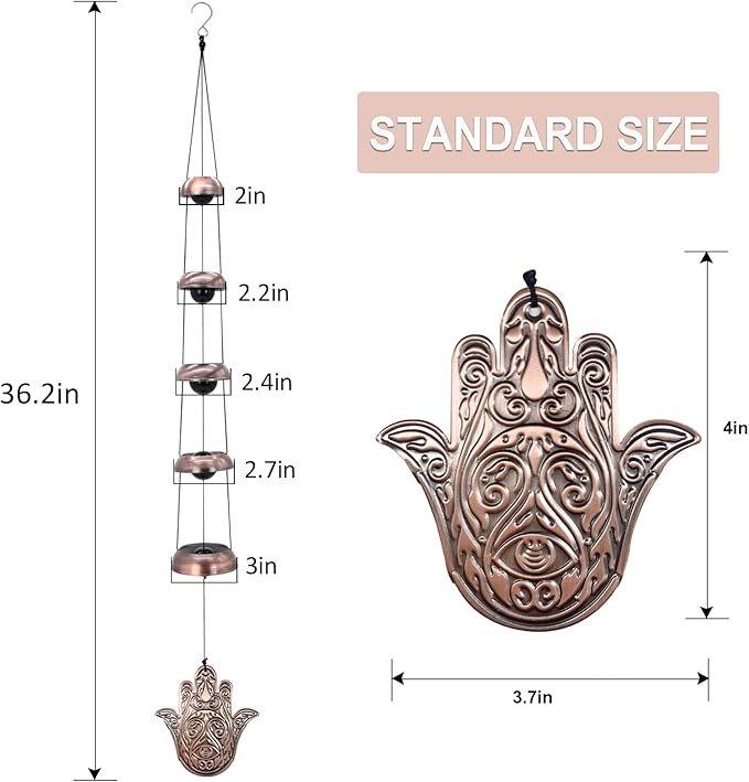 Copper Hand of God Temple Wind Chime – 5-Bell Red Copper Feng Shui Chime with Sacred Hand of God Medallion for Porch, Patio, Garden Décor & Memorial Keepsake