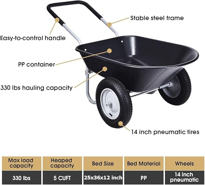 S AFSTAR 2 Wheels Wheelbarrow, Heavy Duty Garden Cart w/Two 13-inch Pneumatic Tires, 330 lbs Capacity, Utility Cart for Outdoor Lawn Yard Farm Ranch (Black)