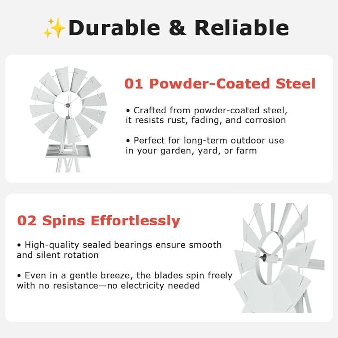 8FT Windmill for Yard Garden Decoration with Weather Vanes，Heavy Duty Outdoor Wind Mills, Large Metal Outdoor Windmill,Weather Resistant,White
