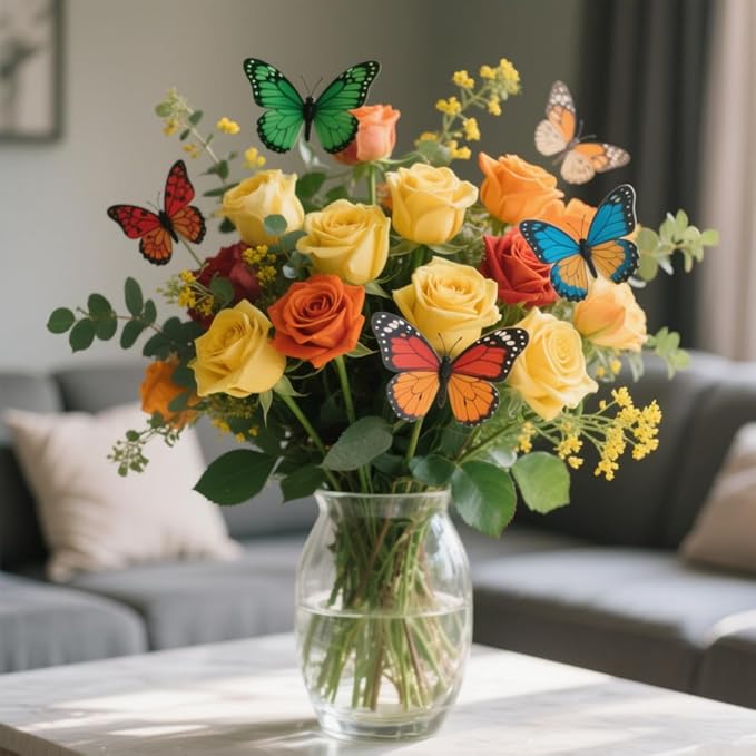 50pcs Glow in The-Dark Butterfly Garden Posts -3.2inch Colorful Butterfly Decorations for Outdoor Gardens, courtyards, Flower beds, Indoor planters, Party Decorations - Waterproof Material