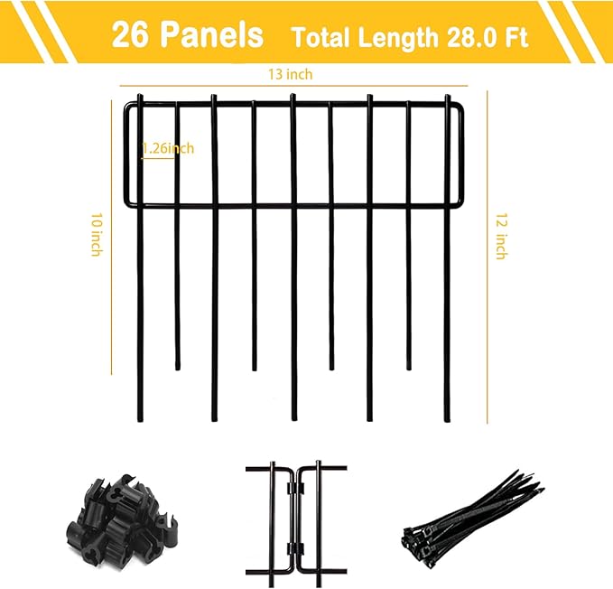 Animal Barrier Fence, 12In(H) x 28.00Ft(L) Upgrade 1.26 in Gap Decorative Fences No Dig Fence for Rabbit and Dog, Rustproof Metal Wire Garden Fence Border for Garden Patio Landscaping,26 PCS