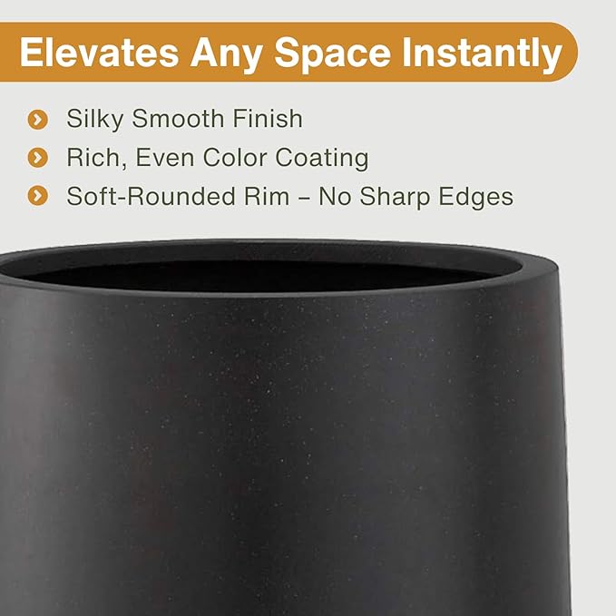 14"H x 13.7"D Conico Fiberstone Round Planter - Christmas Tree Planter, Smooth Finishes, Weather Resistant for Indoor and Outdoor Use, Included 2 Extra Coco Mats (Black, 10.6" Pot Opening)