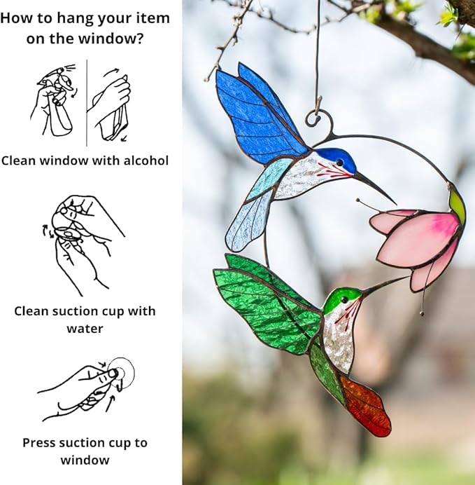 Hummingbird Cardinal Birds Stained Glass Suncatcher Genuine Stained Glass Window Hangings Unique Indoor Ornament & Outdoor Decor (Pair Flying Hums)
