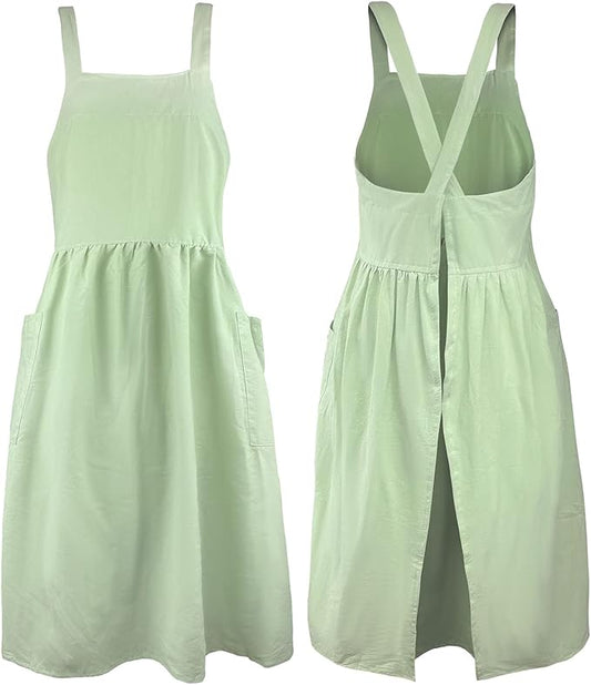 Uaussi Cotton Linen Apron Cross Back Work Apron for Women with Pockets Pinafore Dress X Cross Halter Apron for Chef Gardening