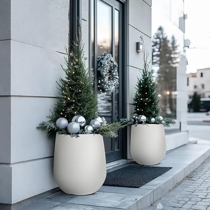 16.9" H Resin Tall Planters for Outdoor Plants, Modern White Round Tapered Plastic Flower Pot for Outdoor and Indoor Plants, Large Plant Pot with Drainage Holes and Rubber Plug for Home Garden Patio