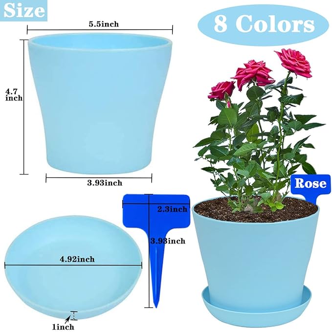 16Pack 5.5" Colorful Plastic Planters - 14CM Small Plastic Flower Pots with Drainage Holes and Tray for Home Garden Flowers Plants