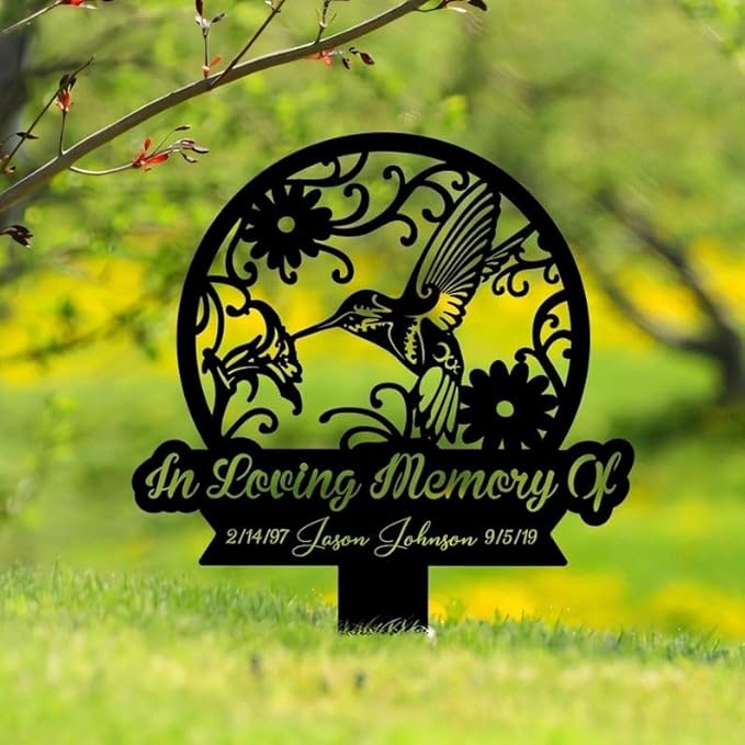 Personalized Hummingbird Memorial Metal Stake – Custom Name Sign, In Loving Memory, Sympathy Grave Marker (Hummingbird Memorial)