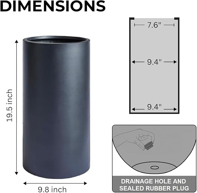 19.5"H x 9.8"D Tubo Fiberstone Cylinder Tall Planter, Christmas Tree Planter, Smooth Finishes, Weather Resistant for Indoor & Outdoor Use, Included 2 Extra Coco Mats (Black,8.2" Pot Opening)