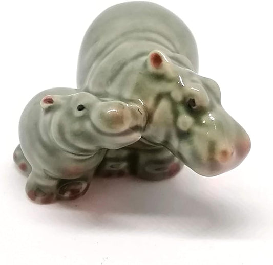 ZOOCRAFT Ceramic Hippo Figurine Mom and Baby Hand Painted Porcelain Terrarium Garden Decor Collectibles