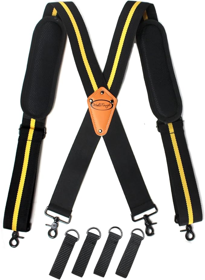 MELOTOUGH Tool Belt Suspenders Tool Harness for Heavy Duty Work Movable shoulder Pads, Quick lobster clasp (Yellow Strip)