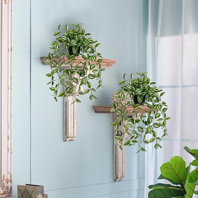 2 Pack Fake Hanging Plants for Shelf in Back Pot, Small Artificial Hanging Ivy Vine Plants Indoor Fake Potted Greenery Plant Decor Room Bathroom Wall End Table Mimi Faux Wandering Jew Plant Set