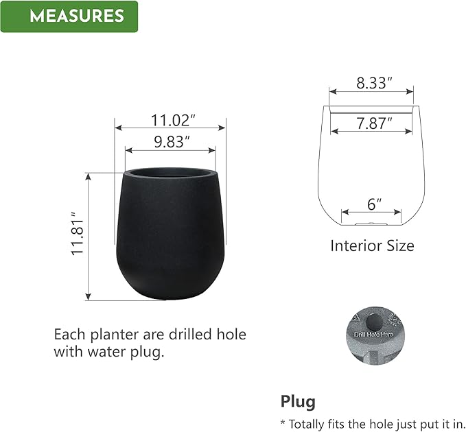 11.8" H Resin Tall Planters for Outdoor Plants, Modern Black Round Tapered Plastic Flower Pot for Outdoor and Indoor Plants, Large Plant Pot with Drainage Holes and Rubber Plug for Home Garden Patio