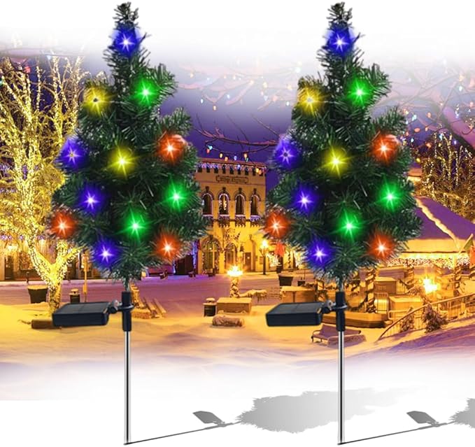 Solar Christmas Tree Lights Holiday Decorations, Outdoor Christmas Tree Waterproof Solar Xmas Garden Stake Lights, Prelit Xmas Trees for Outside Holiday Display Yard (Light, 2 Pcs)
