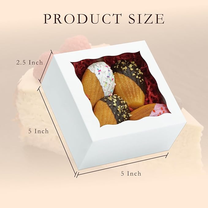 100pcs Cookie Boxes 5x5x2.5 Inches Bakery Boxes with Window Treat Box Dessert Box for Pastry Strawberries Chocolate Mini Cake Donuts - White