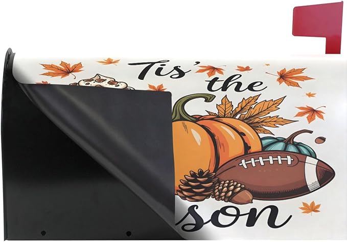 Fall Autumn Maple Leaf Pumpkin Football Magnetic Mailbox Cover MailWraps Garden Yard Home Decor for Outside Standard Size-18"x 20.8"